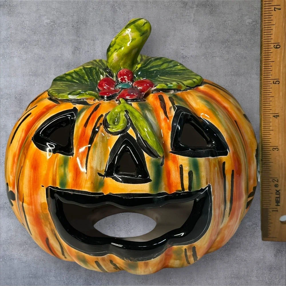 Hand Painted Ceramic Pumpkin Jack-O-Lantern H. MEX Mexican‎ Folk Art 7